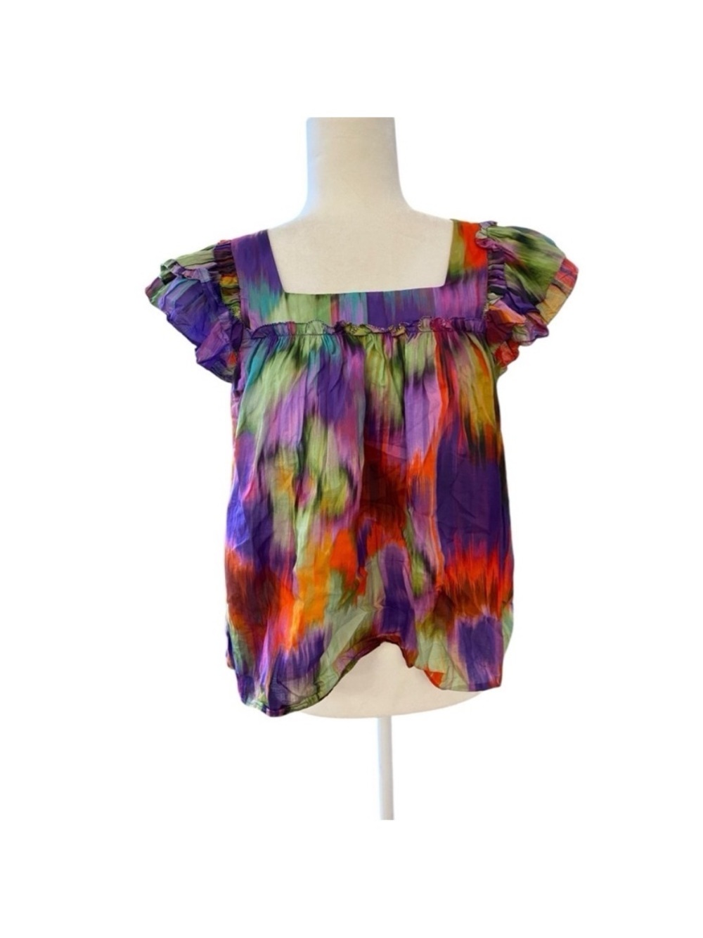 Olivaceous Womens Blousen Peasant Style Top Tie Dye Ruffle Sleeve